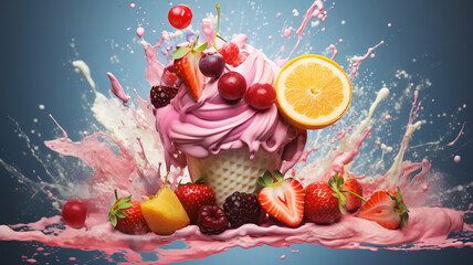 Fototapeta na wymiar Strawberry ice cream cone with strawberry sauce and strawberry fruit