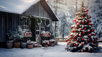 Festive Outdoor Delight, Snow-kissed Christmas Tree and Winter Holiday Decorations