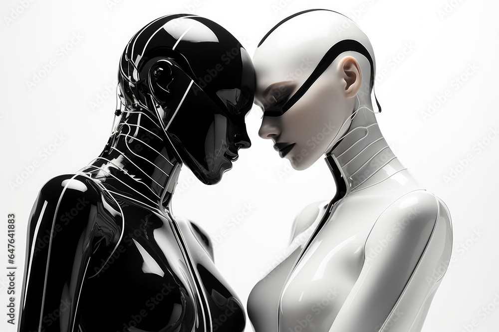 Poster cybernetic fashion models in sleek monochrome outfits background with empty space for text