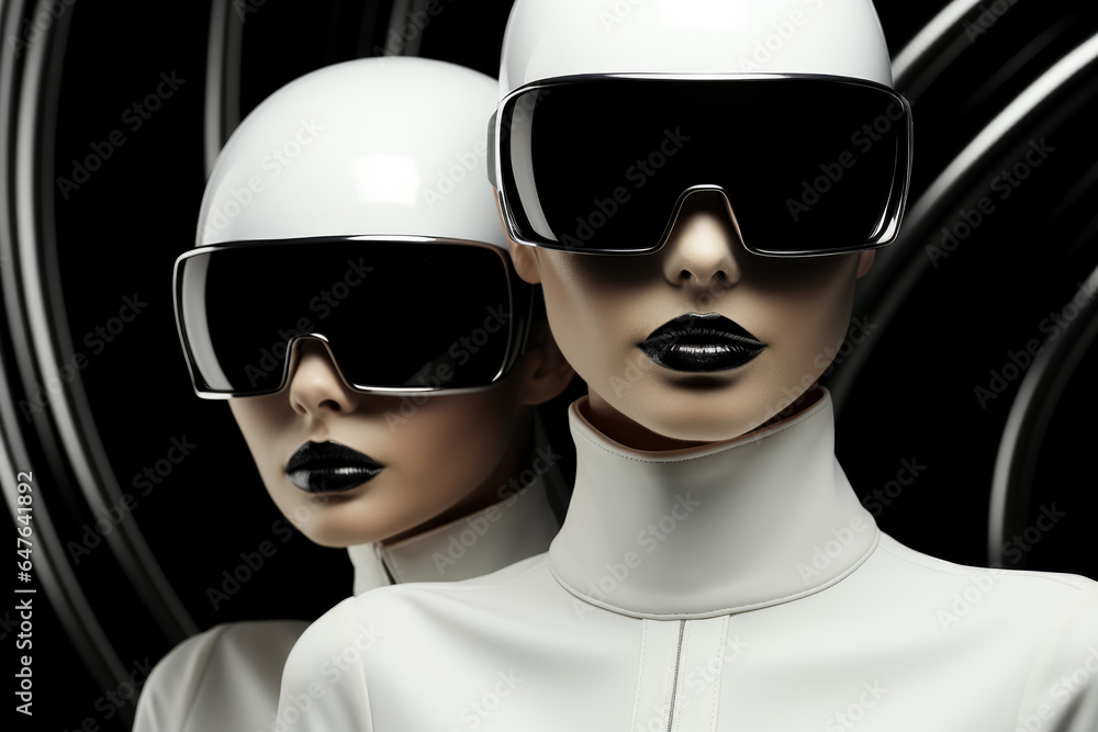 Poster cybernetic fashion models in sleek monochrome outfits background with empty space for text