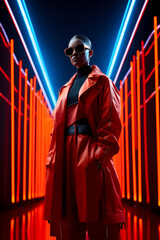 Cyber fashion models don sleek futuristic silhouettes against stark neon landscapes 