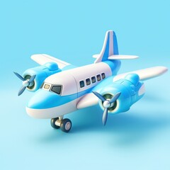 cute 3d colorful airplane with clouds flying on blue background. Concept of flight and travel.