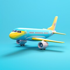 cute 3d colorful airplane with clouds flying on blue background. Concept of flight and travel.