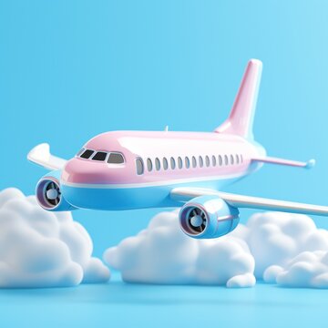 cute 3d colorful airplane with clouds flying on blue background. Concept of flight and travel.