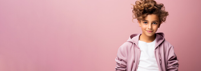 Fototapeta premium Fashion week kid model isolated on pastel background with a place for text 
