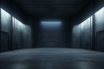 Futuristic warehouse with vibrant lights, gritty concrete walls, tunnel corridor. Generative AI