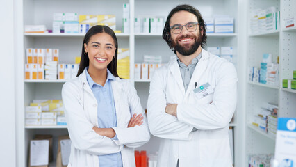 Crossed arms, pharmacy and portrait of people with smile for medical care, service and healthcare....