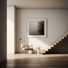 Fotografia de estancia con estetica minimalista, escalera flotante, con mobiliario de tonos claros y luz natural