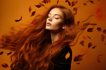 Fototapeta na wymiar Photo of girl in studio on orange background with leafs