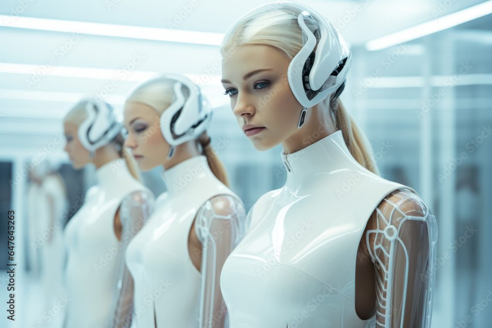 Poster futuristic female models in cybernetic minimalistic wardrobe background with empty space for text
