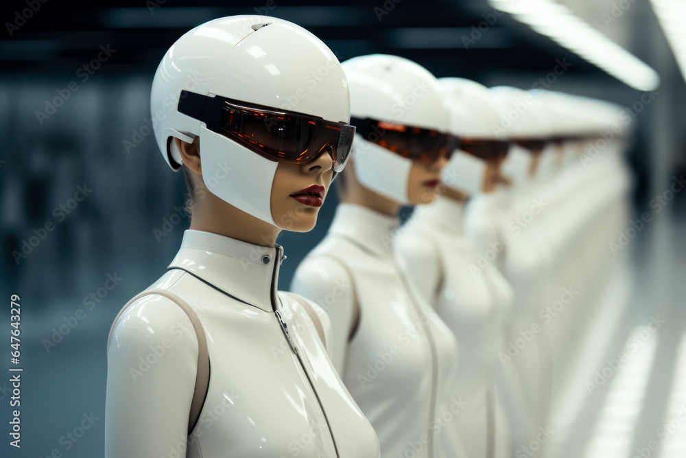 Poster futuristic female models in cybernetic minimalistic wardrobe background with empty space for text