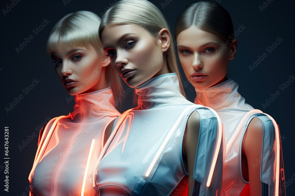 Poster futuristic female models in cybernetic minimalistic wardrobe background with empty space for text