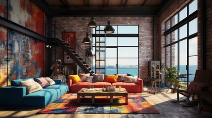 Seaside beach loft interior living room with huge windows to the sea and colofrul furnishing
