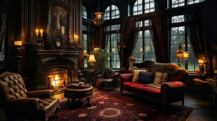 Dark victorian mansion living room with curtain and cozy fireplace with huge windows