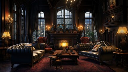 Dark gothic living room interior with huge fireplace cozy living space with rich furnishing