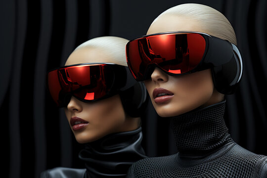 Glamorous androids in futuristic fashion accentuated with minimalist space-age accessories 