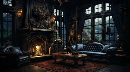 Fototapeta na wymiar Dark victorian mansion living room with curtain and cozy fireplace with huge windows