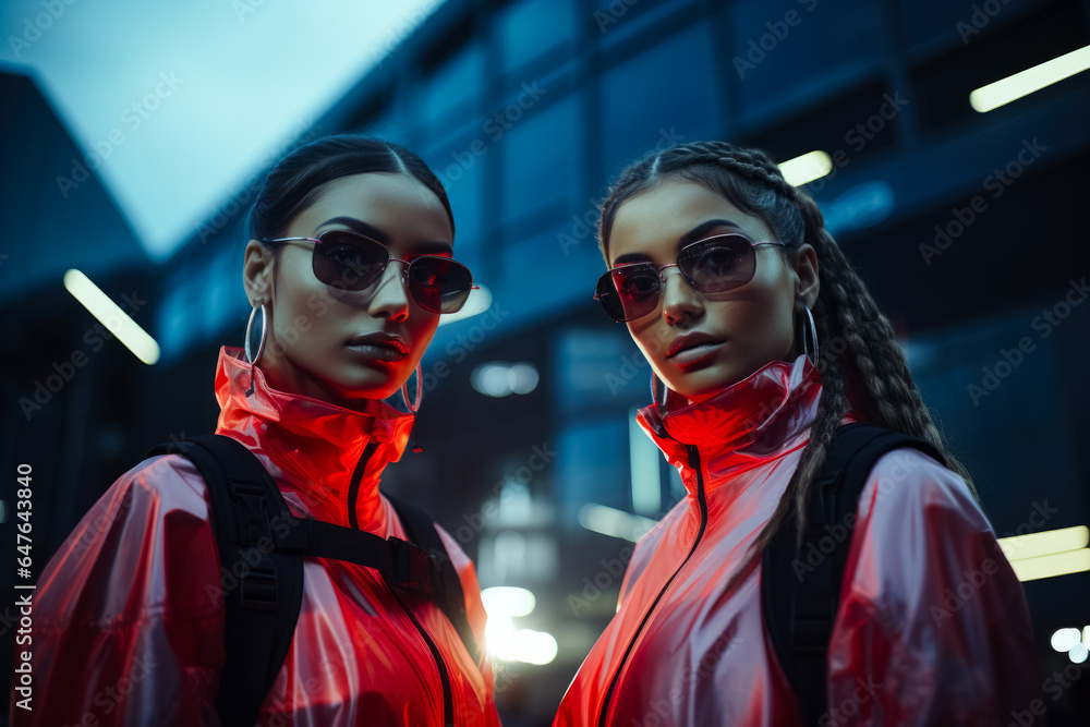 Poster reflective ensembles in neon cityscape futuristic models posing background with empty space for text