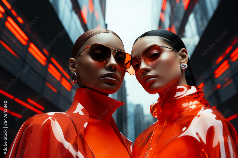 Poster reflective ensembles in neon cityscape futuristic models posing background with empty space for text