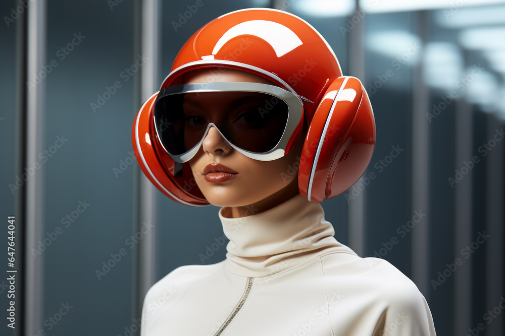 Poster space age models showcasing futuristic accessories background with empty space for text