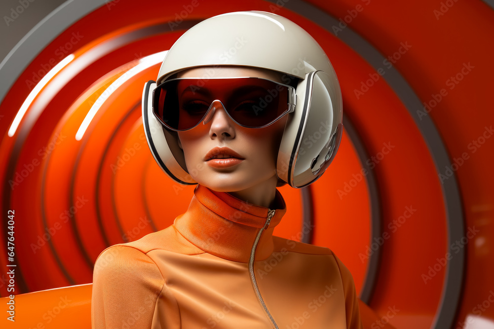 Poster space age models showcasing futuristic accessories background with empty space for text
