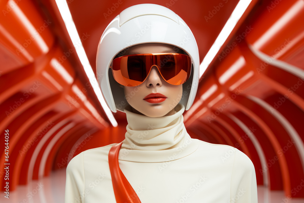 Poster space age models showcasing futuristic accessories background with empty space for text