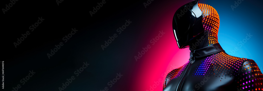 Poster ultra-modern model showcasing led-embedded bodysuit isolated on a vibrant gradient background
