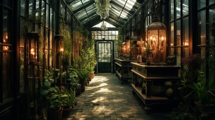Victorian botanical garden style living room interior with glass ceiling and walls and steampunk lights - obrazy, fototapety, plakaty