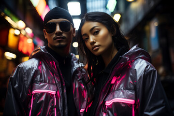 Fototapeta premium Stylish cyborgs in reflective apparel posing amidst neon-lit urban architecture 