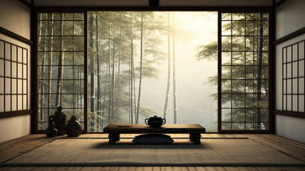 Japanese style living room in the middle of a bamboo forest - obrazy, fototapety, plakaty