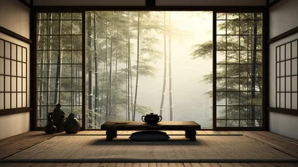 Fotobehang Japanese style living room in the middle of a bamboo forest © sema_srinouljan