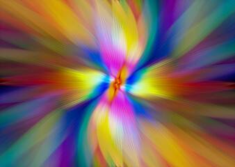 Fototapeta premium Abstract multicolored zoom effect background. Digitally generated image. Rays of versicolor light. Colorful radial blur, fast speed zooming motion, sunburst or starburst. Use for Banner Background