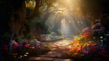 Gordijnen This captivating image transports you to an enchanted forest glade adorned with vibrant wildflowers. Sunlight filters through the dense canopy, casting a warm and ethereal glow on the lush green © CanvasPixelDreams