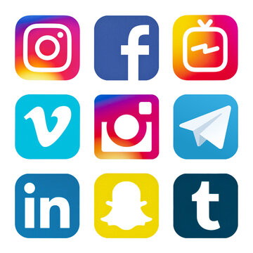 Kiev, Ukraine - August 24, 2018: This is a photo set of most  popular social media logos printed on paper: Facebook, IGTV, Vimeo, Snapchat, Instagram, Telegram, LinkedIn, Tumblr.