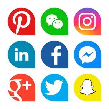 Kiev, Ukraine - October 25, 2018: This is a photo set of popular social media icons printed on white paper: Pinterest, Snapchat, Facebook, WeChat, Instagram, Linkedin, Twitter, Google Plus, Messenger.