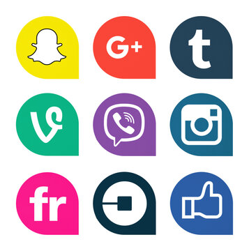 Kiev, Ukraine - October 25, 2018: This is a photo set of popular social media icons printed on white paper: Snapchat, Google Plus, Tumblr, Vine, Viber, Instagram, Flickr, Uber, Facebook.