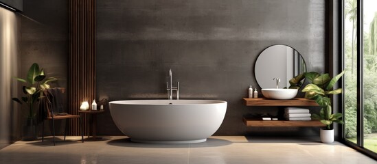 a modern house design with a grey bathroom interior featuring a dark panel partition wooden vanity mirror and concrete floor Adjacent to the bathroom is an oval ceramic bathtub and a modern