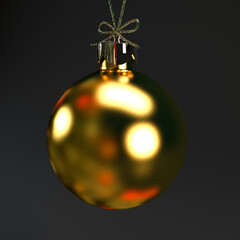 Golden Christmas ball close up isolated on black background, 3d render