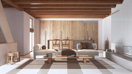 Minimal modern wooden kitchen and living room in white and beige tones. Sofa, staircase and dining island. Luxury interior design