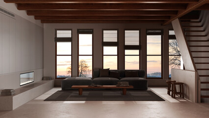 Dark late evening scene, minimal modern living room with resin floor. Sofa with coffee table and...