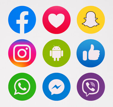 Kiev, Ukraine - November 15, 2019: This is a photo set of most  popular social media logos printed on paper: Facebook, Instagram, Snapchat, Android, WhatsApp, Messenger, Viber.