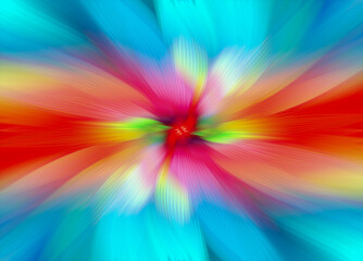 Abstract multicolored zoom effect background. Digitally generated image. Rays of versicolor light. Colorful radial blur, fast speed zooming motion, sunburst or starburst. Use for Banner Background