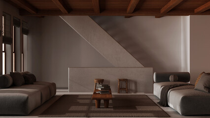 Dark late evening scene, minimal living room with wooden beams ceiling. Sofa with coffee table and...