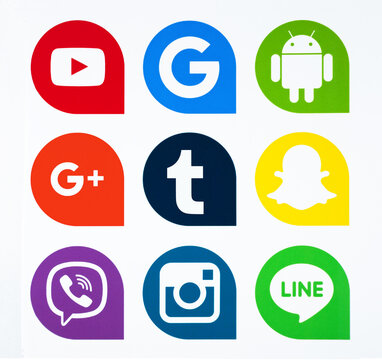 Kiev, Ukraine - October 25, 2018: This is a photo set of popular social media icons printed on white paper: YouTube, Google, Android, Snapchat, Tumblr, Instagram, Google Plus,Vine, Viber.