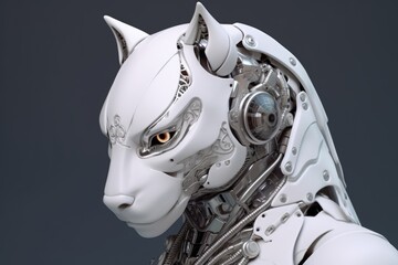 White pensive robot with cat head on gray background, close-up.