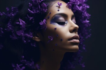 Mystical portrait of a girl with closed eyes in purple colors on dark background.