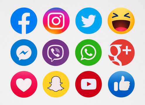 Kiev, Ukraine - January 06, 2020: This is a photo set of most  popular social media logos printed on paper: Facebook, Instagram,  Twitter, Snapchat, WhatsApp, Messenger, Viber, Google Plus, YouTube.