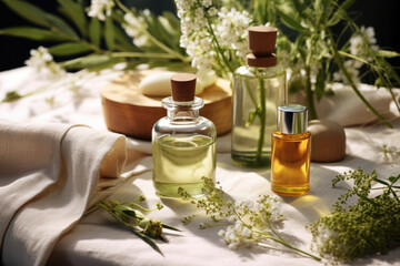Set of cosmetic bottles among herbs and flowers. Natural cosmetics concept.