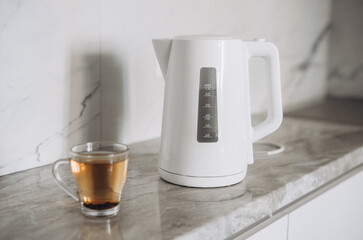 There is a white plastic teapot on the table together with a cup for brewing tea