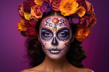Portrait of pretty brunette with holiday makeup day of the dead and flowers on her head on purple background.
